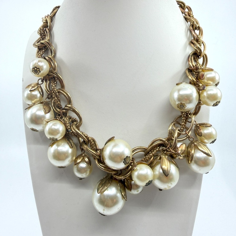 Gold Tone Faux Pearl Cluster Necklace - Boho Chunky Layering Statement